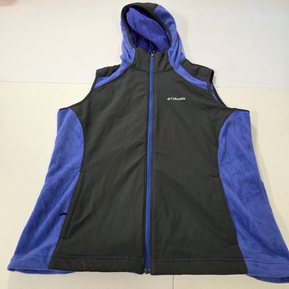 Columbia Womens 1X Fleece Softshell Hooded Vest Black Blue Colorblock Full Zip